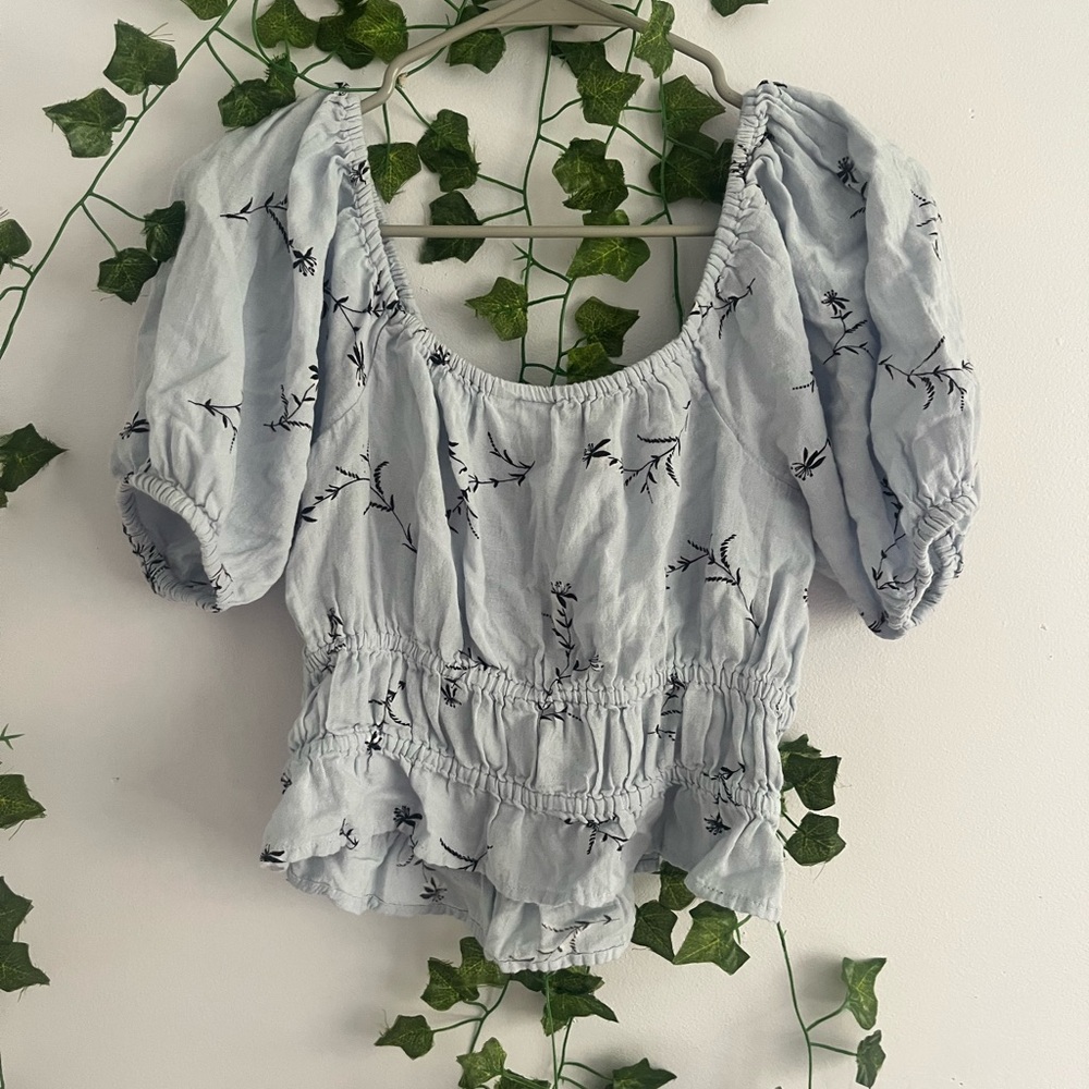 Abound Light Blue Top with Black Floral Design